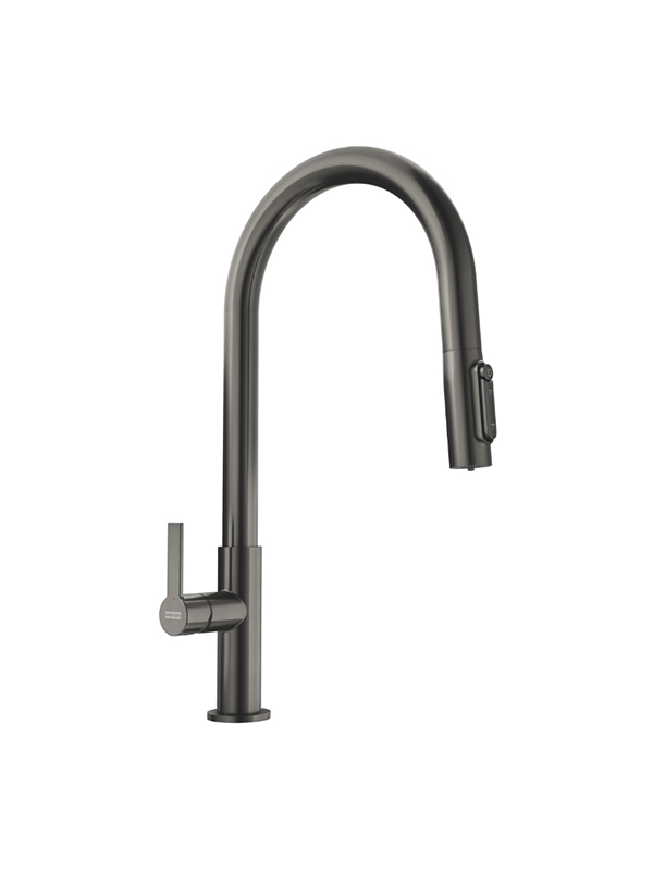 Трипътен комбиниран кухненски смесител FRANKE Maris Slim Clear Water J PVD GOLD с изтеглящ душ, 360° въртене, ламинарен аератор и отделен поток за филтрирана вода.