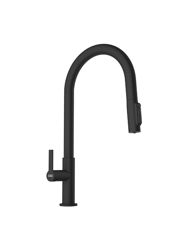 Трипътен комбиниран кухненски смесител FRANKE Maris Slim Clear Water J PVD GOLD с изтеглящ душ, 360° въртене, ламинарен аератор и отделен поток за филтрирана вода.