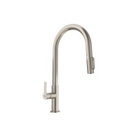 Трипътен комбиниран кухненски смесител FRANKE Maris Slim Clear Water J PVD GOLD с изтеглящ душ, 360° въртене, ламинарен аератор и отделен поток за филтрирана вода.