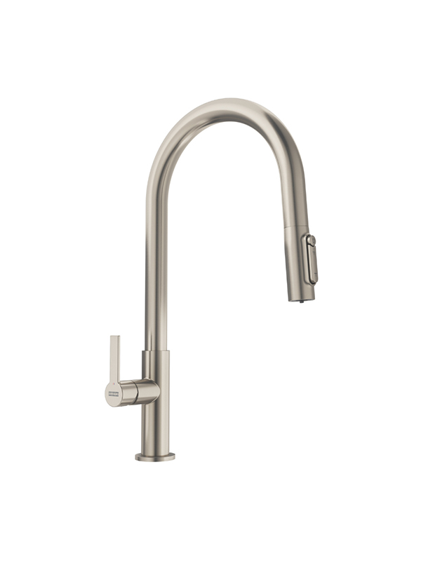 Трипътен комбиниран кухненски смесител FRANKE Maris Slim Clear Water J PVD GOLD с изтеглящ душ, 360° въртене, ламинарен аератор и отделен поток за филтрирана вода.
