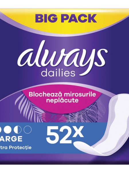 ALWAYS Дейлийс Екстра Протект Дълги, eжедневни дамски превръзки, XL, 52бр.
